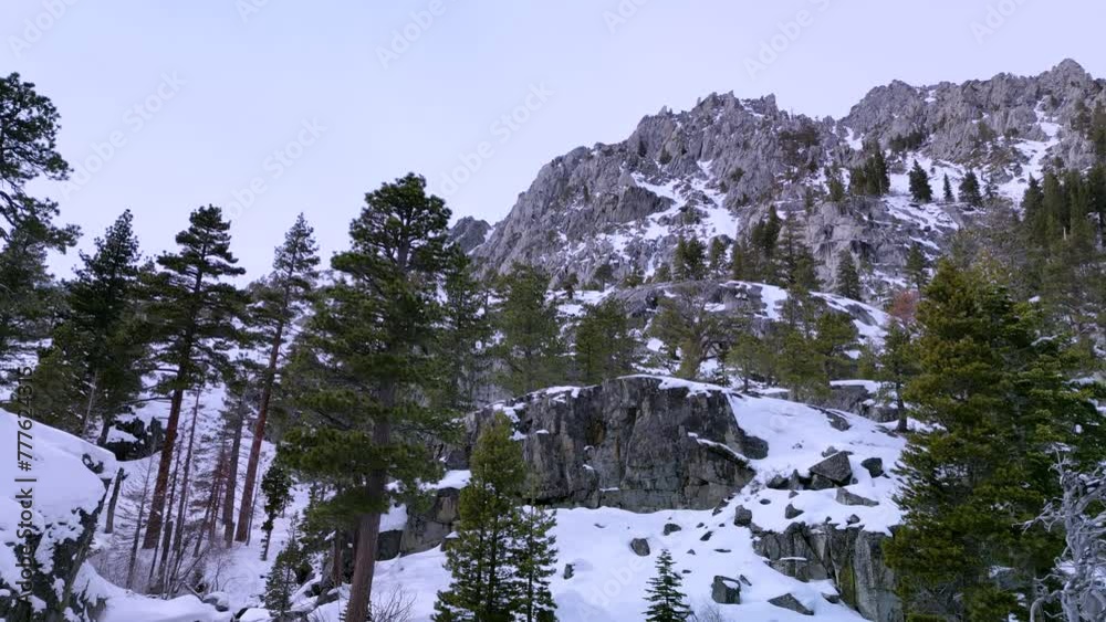 Aerial view of tall rocky mountains in Desolation Wilderness Eagle Lake, Lake Tahoe, California