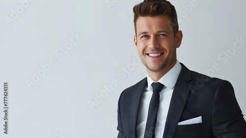 Close-up portrait of a confident positive businessman wearing a suit, exuding success, on white studio background. photo