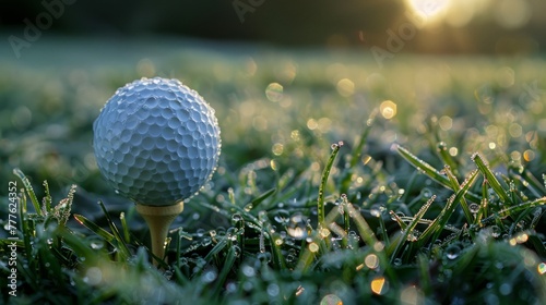 Golf ball on tee in dewy grass at sunrise.