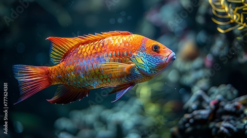  A tight shot of a fish swimming in an aquarium, surrounded by other fish and a plant in the background