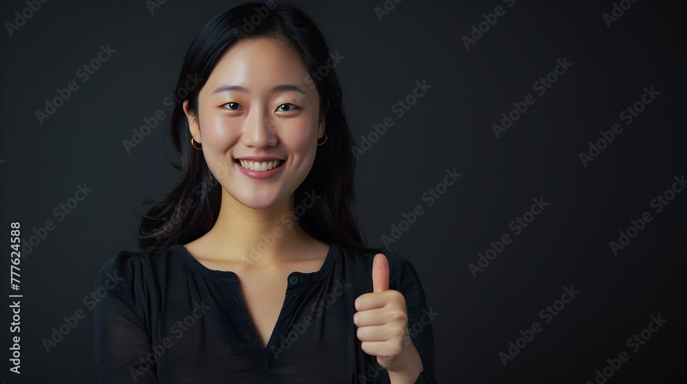 A professional headshot of a confident woman show thumb up in studio black background. A professional headshot of a confident woman show thumb up in studio black background.