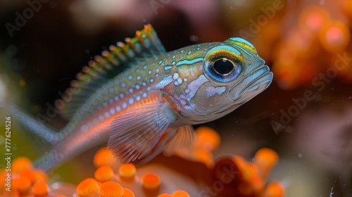  A tight shot of a fish in an aquarium, with vibrant orange corals filling the foreground, and the background softly blurred