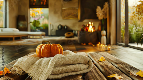 Cozy Autumn Home Decor with Warm Candles and Pumpkins, Comfortable and Relaxing Interior for Fall Season, Festive and Warm Atmosphere