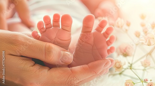 Mother s hands holding baby s feet.