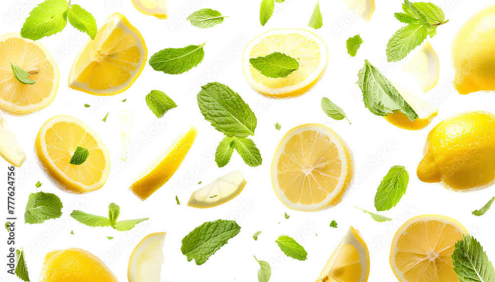 Fresh flying lemons and mint leaves isolated on white Fresh flying lemons and mint leaves isolated on white