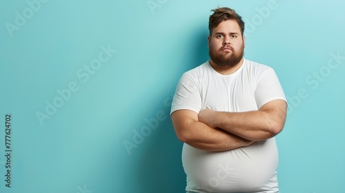 Portrait of a fat man wearing a white t-shirt with arms crossed.