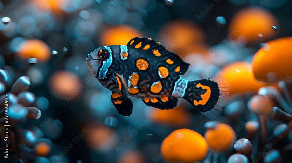 A tight shot of a fish near corals, with coral formations visible behind, and a single fish in the front A tight shot of a fish near corals, with coral formations visible behind, and a single fish in the front