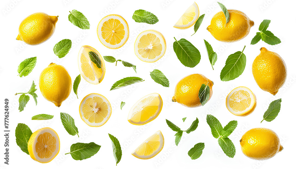 Fresh flying lemons and mint leaves isolated on white Fresh flying lemons and mint leaves isolated on white