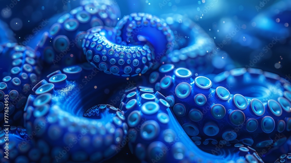A tight shot of a blue octopus, adorned with bubble-like formations on its body, and encircled by a blue ring at its neck A tight shot of a blue octopus, adorned with bubble-like formations on its body, and encircled by a blue ring at its neck