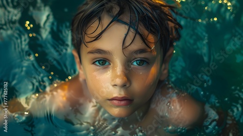 Portrait close up of a boy swimming in a swimming pool.