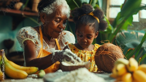 Young black jamaican girl baking with her grandmother. photo