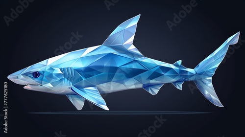  A shark composed of polygons against a dark backdrop, mirrored by its head's reflection in the water