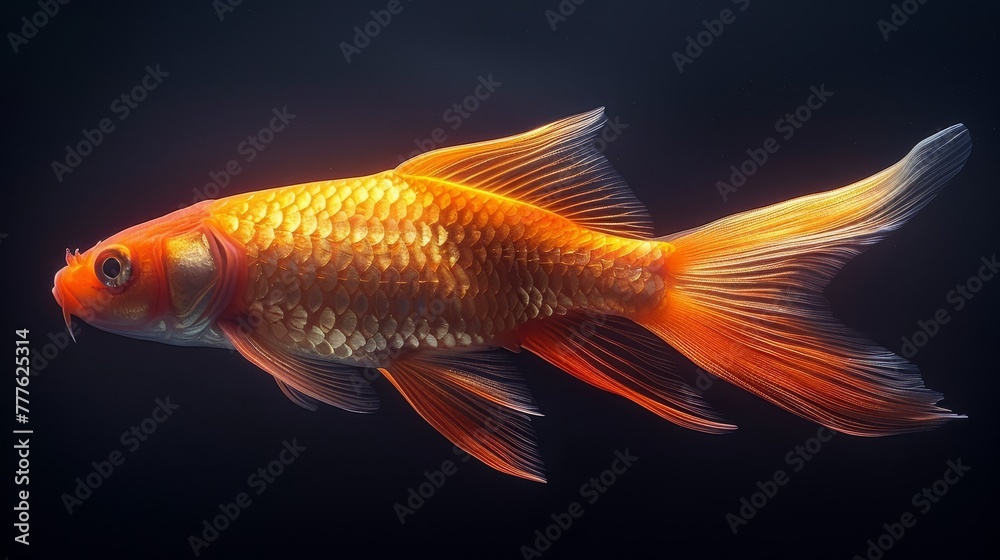   Close-up of a goldfish against black backdrop, water reflecting fish's head