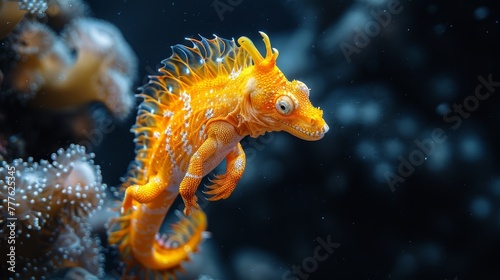  A tight shot of a yellow and orange seahorse amidst corals Corals populate the background