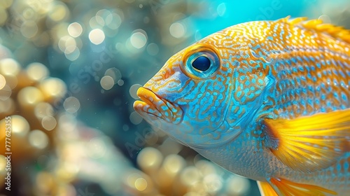  A tight shot of a blue-yellow fish with bubbles rising from its back against a softly blurred background