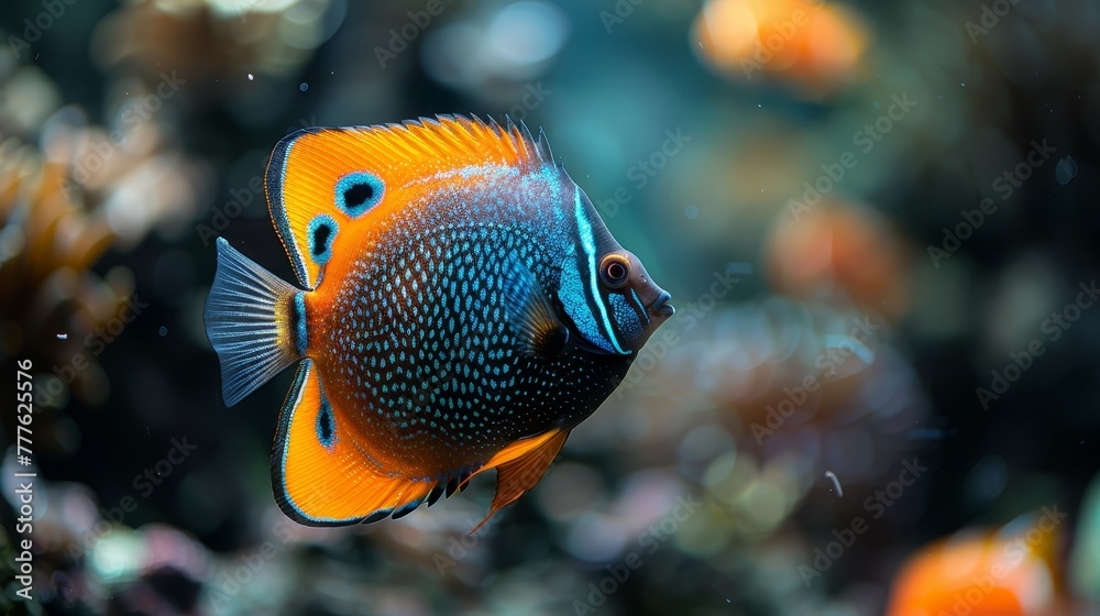 A tight shot of a blue-orange fish against corals in the backdrop, surrounded by water in the front A tight shot of a blue-orange fish against corals in the backdrop, surrounded by water in the front