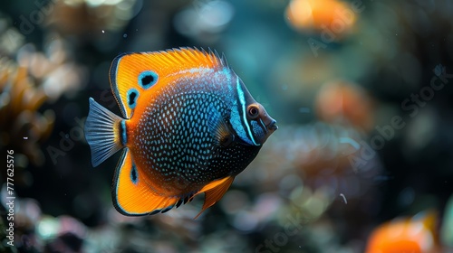  A tight shot of a blue-orange fish against corals in the backdrop, surrounded by water in the front