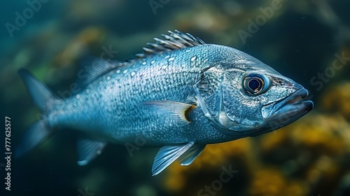  A tight shot of a fish in water, surrounded by plants in the background and a clear view of the water in the foreground