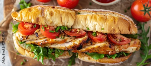 A delicious chicken sandwich topped with fresh tomatoes and lettuce, placed on a wooden cutting board.