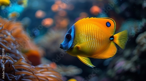  A tight shot of a yellow-blue fish near coral, anemones present in foreground and background