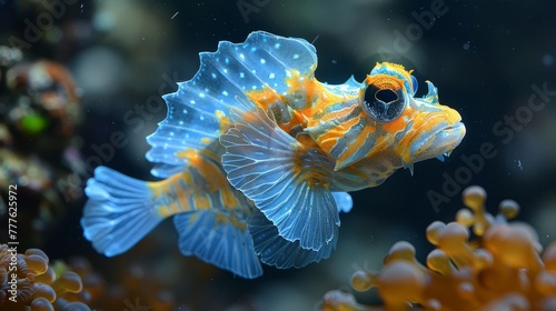  A tight shot of a fish swimming in orange and blue tinted water, sporting an orange and blue hue on its back