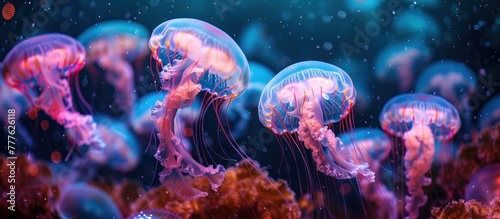 A collection of jellyfish, including pink ones, gracefully swimming in an aquarium exhibit. © FryArt Studio