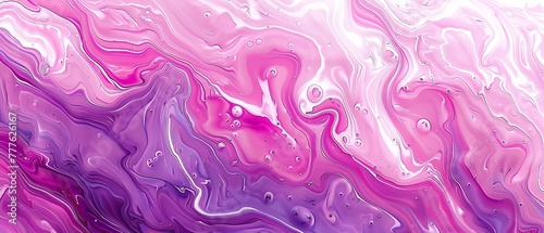  A close-up of a pink and purple liquid painting with drops of water on its surface