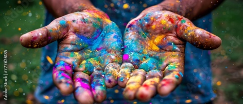  A person's hands are thoroughly coated with vibrant paint, dotted with splatters on their palms