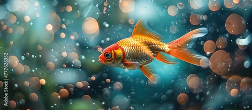 A goldfish gracefully swims in an aquarium filled with water, displaying its vibrant colors and graceful movements. photo