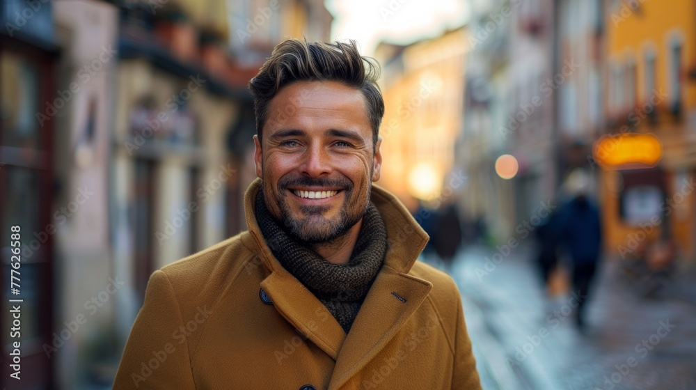 Young man wearing winter clothes walking in the street. Young bearded guy with modern hairstyle in urban background. Young man wearing winter clothes walking in the street. Young bearded guy with modern hairstyle in urban background.