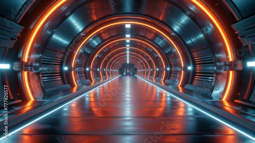 Futuristic scifi tunnel corridor with glowing lights 3d rendering