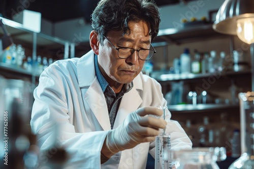 Asian man doing experiments in laboratory.