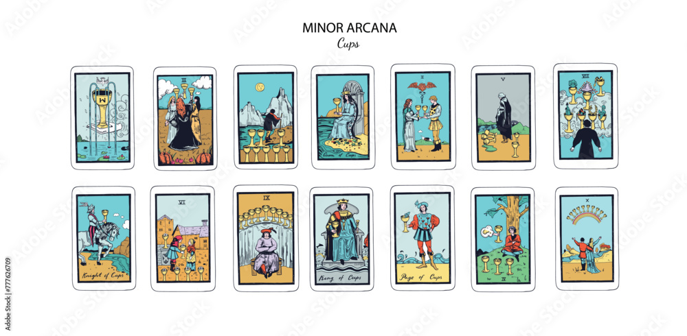 Tarot cards vector deck . Minor Arcana Cups set. Occult esoteric spiritual Tarot Ace, King, Queen, Knight, Page, Two through Ten signs. Isolated colored hand drawn illustrations
