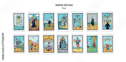 Tarot cards vector deck . Minor Arcana Cups set. Occult esoteric spiritual Tarot Ace, King, Queen, Knight, Page, Two through Ten signs. Isolated colored hand drawn illustrations
