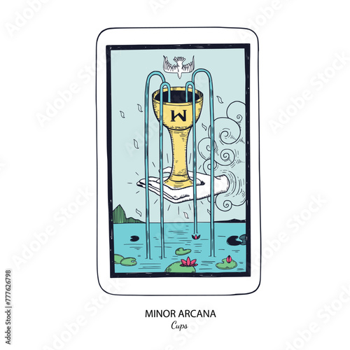 Tarot card vector deck . Minor Arcana Cups . Occult esoteric spiritual Tarot. Isolated colored hand drawn illustrations
