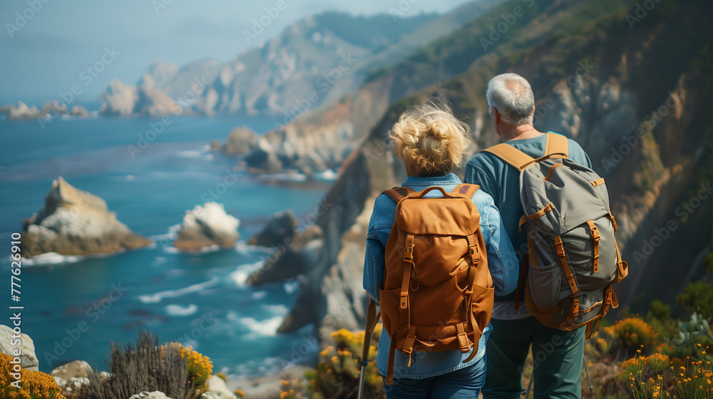 A rear view of a senior couple admiring a stunning background of sea and mountains A rear view of a senior couple admiring a stunning background of sea and mountains
