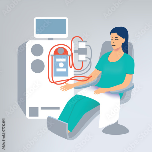 Hemodialysis. The process of artificial filtration, cleansing of human kidneys. A woman in a medical chair against the background of a hemodialysis machine. Vector illustration
