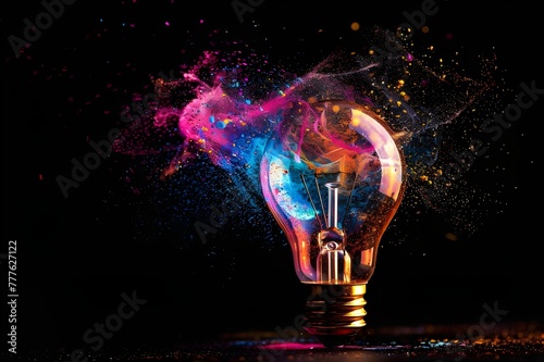 A light bulb exploding, vibrant colors against a black background, symbolizing creativity and innovation in digital marketing.