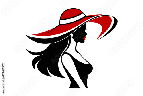 Silhouette image beautiful woman in big hat outline style white background 