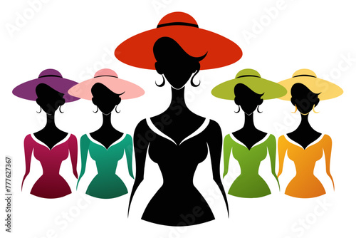Silhouette image beautiful woman in big hat outline style white background 