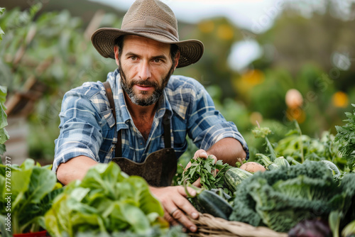 A farmer man harvesting vegetables from his field