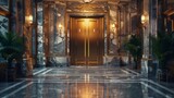 Luxury hotel lobby with gleaming elevators