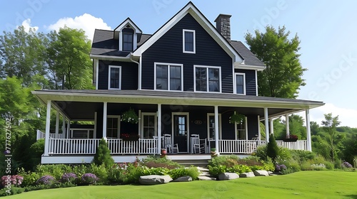 Generate an image of a farmhouse with a wraparound porch, highlighting the black siding and the white front door as focal points of the composition attractive look © Alia