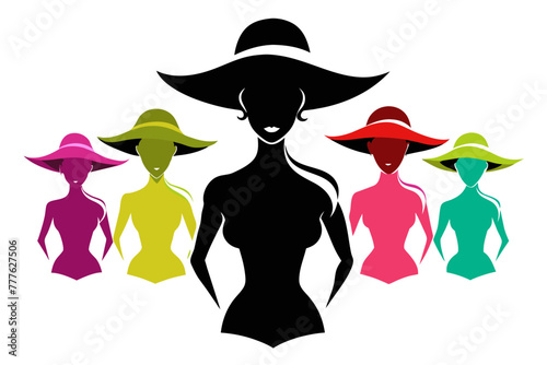 Silhouette image beautiful woman in big hat outline style white background 