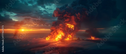 Severe fire at oil refinery with explosion and thick black smoke cloud. Concept Oil Refinery Fire, Explosion, Thick Smoke, Emergency Response, Industrial Accident