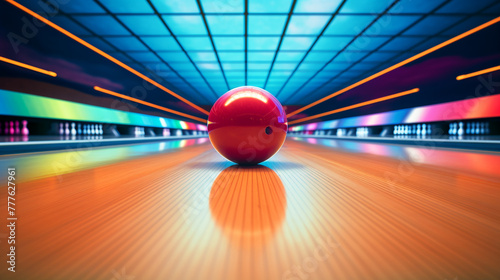 A bowling ball midway down the lane, its colors a stark contrast against the pins at the end.