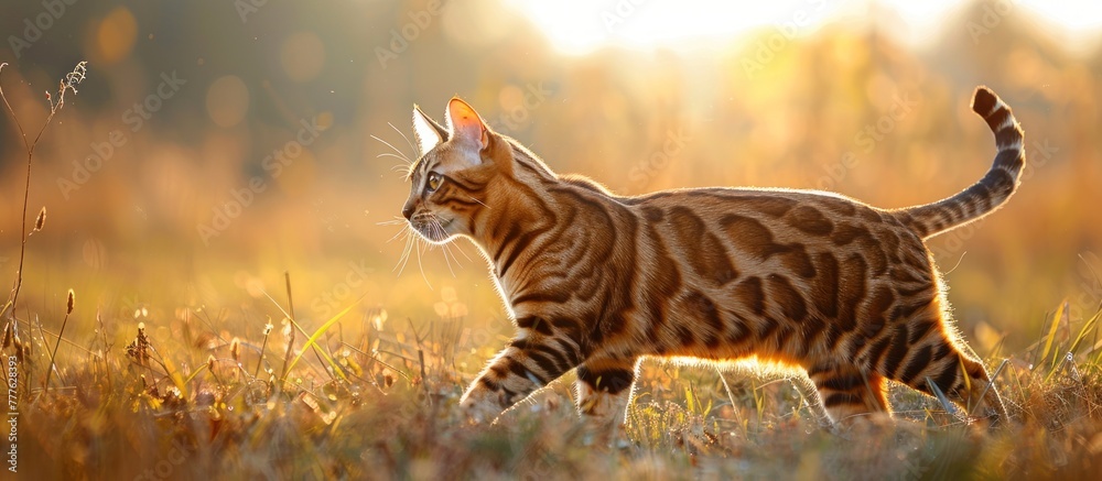 Fototapeta premium A Bengal cat confidently walks through a field of tall grass, one leg raised mid-step.
