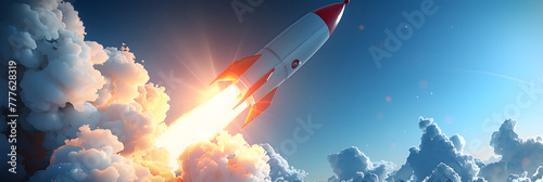 A rocket spaceship takes off with clods and sun into the sky, Into the Stratosphere: photo
