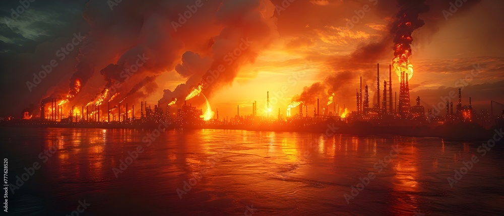 Emergency Response Mobilized for Industrial Fire and Pollution Incident at Factory. Concept Industrial Fire, Pollution Incident, Emergency Response, Factory Safety, Hazardous Materials Emergency Response Mobilized for Industrial Fire and Pollution Incident at Factory. Concept Industrial Fire, Pollution Incident, Emergency Response, Factory Safety, Hazardous Materials