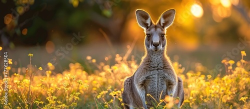 A kangaroo sitting in a field of yellow flowers, facing the camera.
